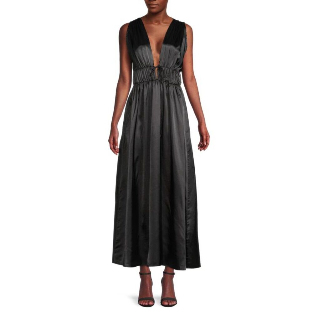 AREA STARS Womens Dress Small Black Satin Maxi VNeck Empire High Waist
